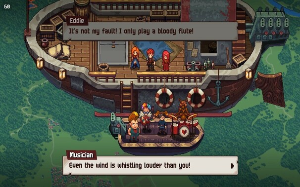 A wooden boat flying through the air. It’s old, 2D RPG style art. The characters are conversing with a smaller boat of musicians. “Even the wind is whistling louder than you!”, “It’s not my fault I only play a bloody flute!”