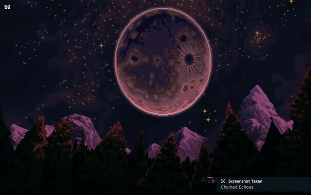 A low colour purple hued mountainous landscape with a huge moon and sprinkling of stars in the night sky.