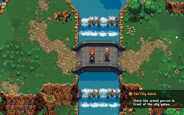 A red haired and yellow haired character standing on a bridge over a river. Green fields surround them suggesting a forgiving, beginners area.