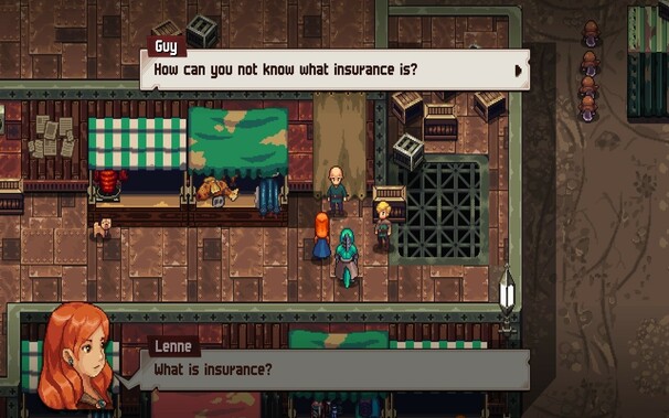 A 2D tile based rendering of a guy near a market stall saying: “How can you not know what insurance is?”