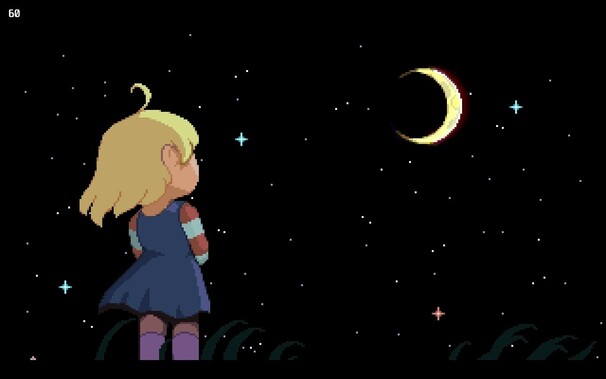 A pixel art scene depicting the titular Meg- a little girl with yellow hair and a blue dress - staring up at a crescent moon in a starry night sky.