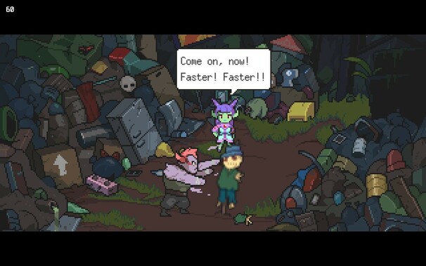 A pixel art scene depicting a garbage dump. A purple monster in the foreground is rapidly punching a training dummy while another yells “Faster! Faster!”