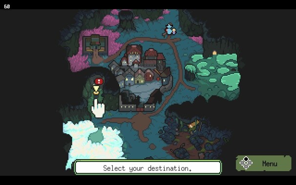 A pixel art scene depicting an overworld map. There are maybe five locations visible in a ring around a central, walled townscape. Tiny versions of Meg and her Monster are visible near the top. There’s a garbage dump, some kind of swamp, a smaller walled area, and some white fluffy something.
