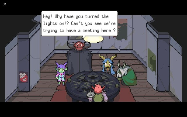 A dark, moody, meeting of the council of monsters is suddenly laid bare as being in a dusty old grey-walled room when the light is flipped on. This pixel art scene depicts an intricate table juxtaposed by its very vanilla surroundings. Five monsters stand around it. The biggest is complaining about the lights having been turned on.