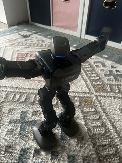 The black and grey robot with its arms flinging outwards. There’s a little motion blur.