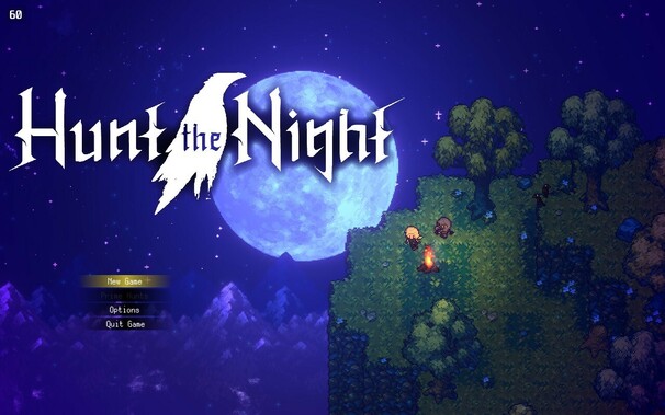 The pixel art title screen of Hunt The Night. It depicts a huge, bright moon in a starry deep blue sky with a grassy cliff in the foreground upon which two characters are sat next to a camp fire. The title has a crow silhouette in the middle- crows 
-related terminology features prominently in the game.