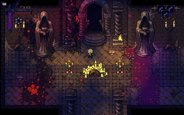 A pixel art scene depicting a dark, moody chamber lit by candles and eerie, gory, glowing ooze. Two statues flank a dark doorway and our character stands before it.