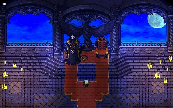 A pixel art scene depicting a throne chamber with a view of the blue starry sky and moon. A gold-edge red carpet leads to the thrones, in front of one a robes figure in a mask stands. A great bird statue sits behind the thrones.