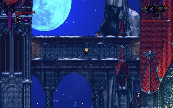 Pixel art. A huge bridge between a red-roofed cathedral style building and one of its outer turrets. An enormous robed statue looks over the bridge. The moon lingers in the background in a blue night sky.