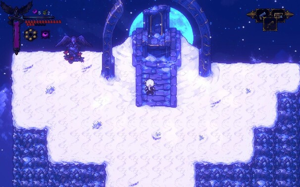 A great throne on a snowy cliff top. The moon peeks out from behind, framed by a broken arch.