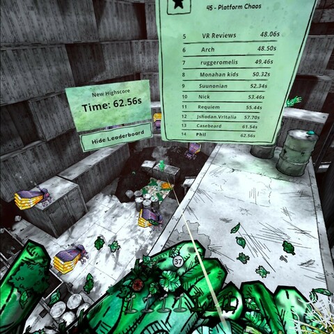 A rather visually confused screenshot from the game We Are One. It’s cel-shaded and shows some robot bugs crawling over a muted monochrome pile of shipping crates. In the foreground are giant leafy hands. The leaderboards are showing over the top. I completed this level by ignoring the plainly stated intent and chucking ammo over the middle. Still placed 14th.