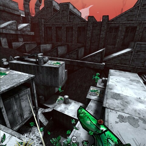 A muted grey industrial landscape from the game We Are One. It’s cel shaded and the grim backdrop is starkly contrasted with vibrant green plant people. On of whom seems to be using a leafy slingshot.
