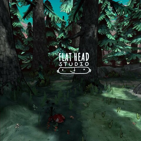 The “Flat Head Studios” logo over a lush, cel shaded forest. This is what you’d see if you turned around and faced away from the main menu in game. There’s some little red mushroom too, cute!
