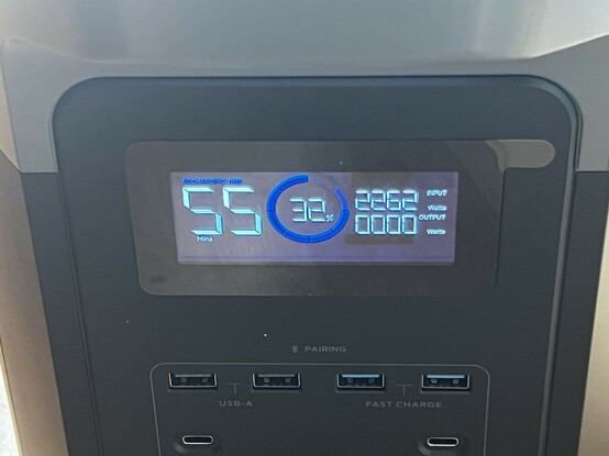The LCD shows a charge level of 32% and an input of 2262 Watts. It’s estimated to finish charging in 55 minutes. The close up reveals two normal (12W) and two “fast” (100W) USB A ports. The USB type C are 100W each.