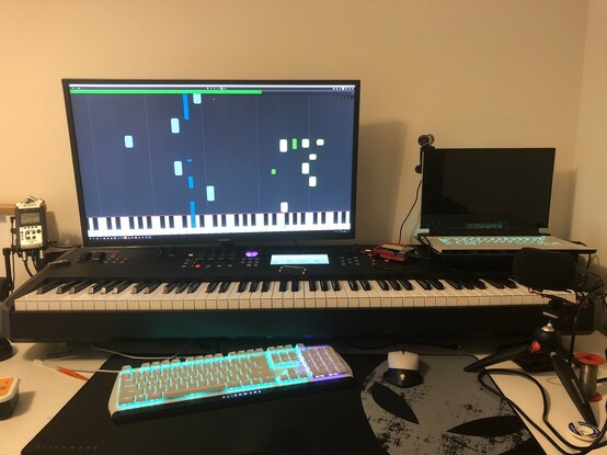 A front on shot with the backlights off and Synthesia- a sort of piano roll music learning program like Guitar Hero for pianos- is shown on the screen. This is very much not serious business.