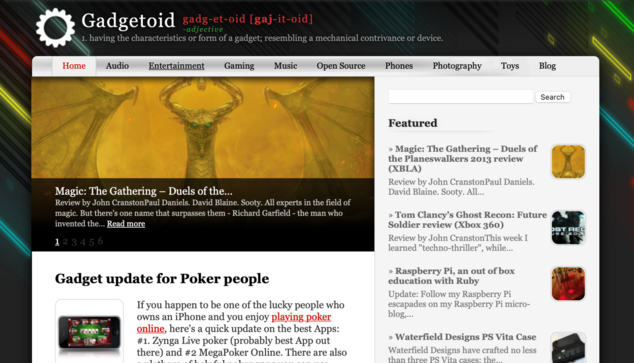 A screenshot of Gadgetoid.com circa 2012. It's still oppressively grey, but now there's a dark background image with neon parallelograms and a very cliche gear logo.