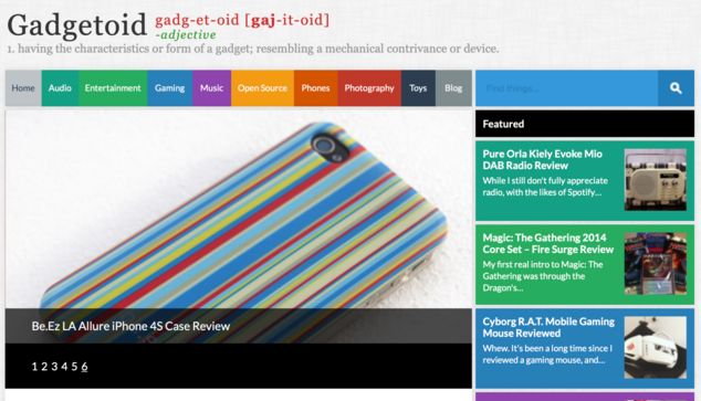 A screenshot of Gadgetoid.com circa 2013. It's gone from grey to rainbow, with colour used as backgrounds for menu items and featured review call-outs.