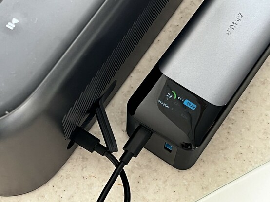 An Anker 737 PowerCore 24K connected to the soundcore Motion X600z