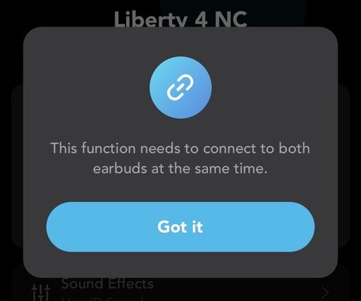 An error message in the soundcore app reading “This function needs to connect to both earbuds at the same time.”