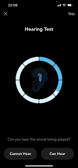 The Hear ID setup screen/hearing test. It’s got a little progress bar ring with a fingerprint/ear design in the middle that slowly completes. Buttons at the bottom are used to indicate if you can or cannot hear the currently playing tone.