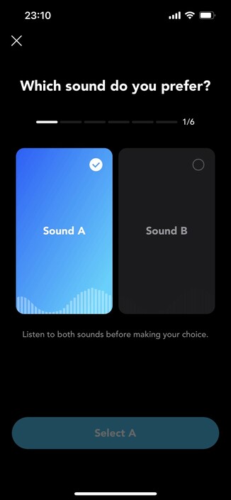 The Hear ID A/B testing screen that lets you switch between two different EQ profiles and pick your preference.