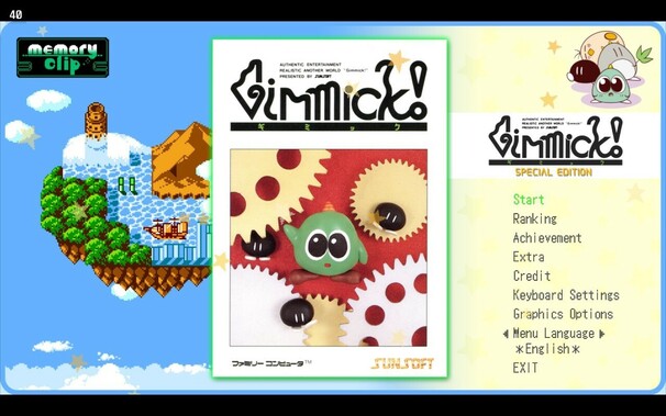 Title screen for the game Gimmick! It’s very busy. A heart-shaped island is just visible on the left. The game cover art in the middle and the main menu on the right.