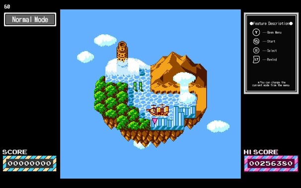 A heart-shaped island floating in a blue sky. There’s a brown mountain, blue ice, water, a green jungle, a tall tower and a pirate ship. All playable zones.