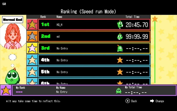 A very colourful speedrun rankings table. It’s rather empty and waiting to be filled up with times. Currently the top is HQ_H with a total time of 20:45.70.