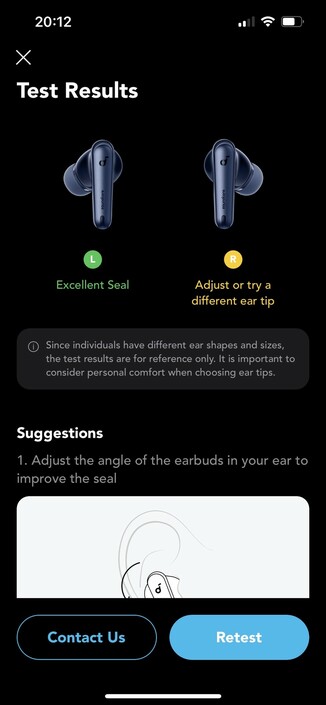 The results screen showing my right ear does not have a good fit. No surprise because I can’t use earbuds at all in my right ear.