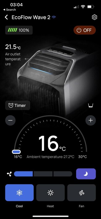 A view of the WAVE 2 app screen when the AC is on. It shows a front side view of the AC unit with an animation of cool air blowing out of it. It’s unnecessarily showy but kind of cute.