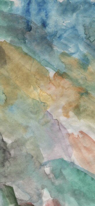 A watercolour with a mix of blues, greens and earthy tones. It evokes a sense of a blue sky over meadows, perhaps. It’s pleasing to look at, the chaotic yet somehow harmonious output of a toddler.