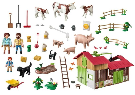 An image showing all of the pieces within Playmobil's new Country Organic Farm set. There are cows, pigs, mice, a dog and cat, three people, fences, birds and various tools.