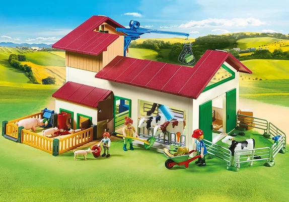 A product shot of the original Playmobil large farm. It's all set up (though the silo is missing here).  It appears to be simulating a solid sheet metal building with a pitched red roof. Metal fences surround cows and there's very clearly a subtle industrial hint in some of the details- for example two cows lean over a grate with a weird bristly electric blue thing looming over them.