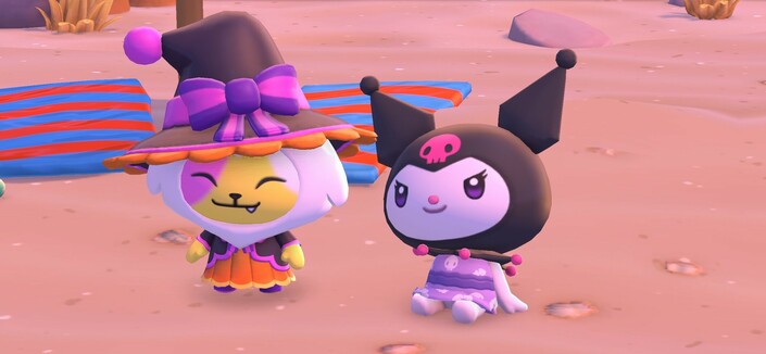 My character, a sort of lion thingy in white, yellow and pink wearing a dress and witches hat. Standing next to Kuromi, Sanrio’s bat-eared edgy goth character.
