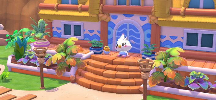 My character from my bugged game. A bird thingy with a little tuft of feathers. I’m sat next to Gudetama who’s an extremely relatable lazy egg character. Literally just the egg yolk sort of loading about. We’re in front of some kind of resort building with stairs, exotic plants and two wooden torches in the foreground.