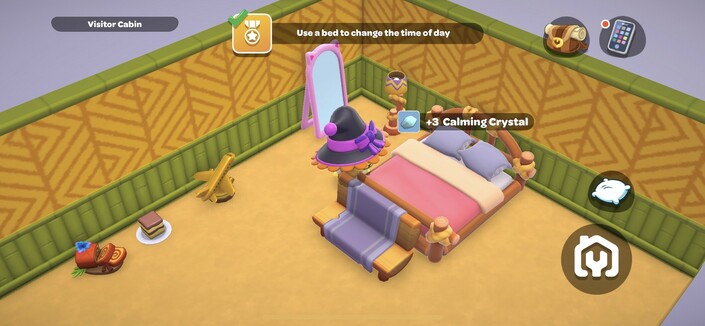 An isometric view of a furnished room. There are food items on the floor. A little pink mirror. A pink bed.