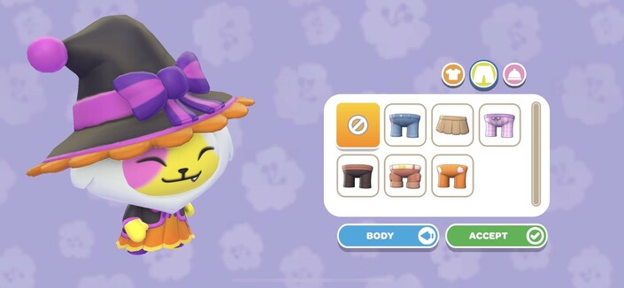 The character editor. It’s showing my pink yellow and white lion thingy with a pink witches hat and candy corn-like dress.