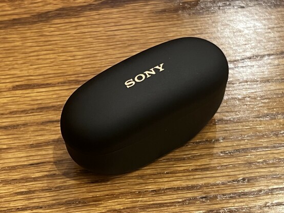 The Sony WF-1000MX5 carry case. It’s a small, curved, matte black, plastic box with the SONY logo picked out on top in gold.