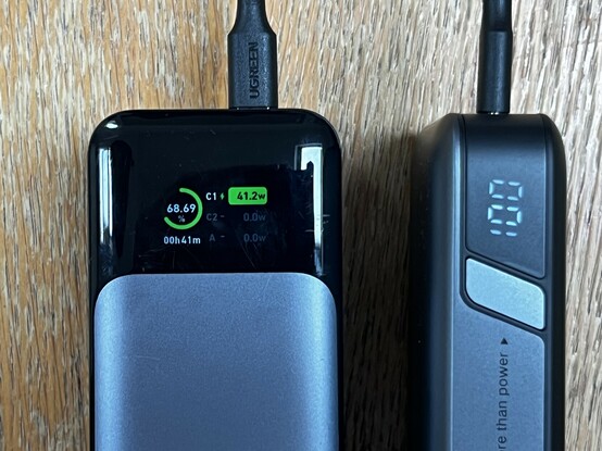 Anker 737 24k (Left) and UGREEN’s 145W 25k (Right). The Anker battery has a detailed OLED display showing charge percentage and the current draw of each port. UGREEN’s display is a seven segment style, either real or simulated, showing only the remaining percentage. That third digit probably doesn’t get much mileage!