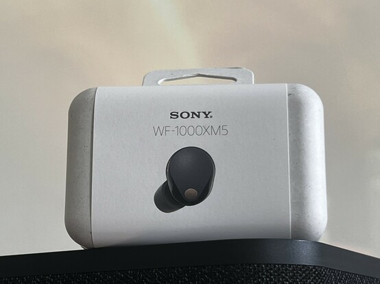 The front of the Sony WF-1000XM5 packaging. It’s extremely minimal, a greyish recycled cardboard with an outer white label. The label shows only the logo and product name. At least two thirds is empty white space. It’s retail packaging, evidenced by the cardboard hook on top.