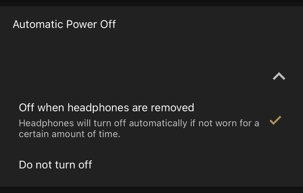 Help text about the auto off feature, reading “Off when headphones are removed” and clarifying with “Headphones will turn off automatically if not worn for a V certain amount of time.”