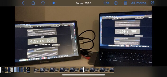 A screen capture of a slow-motion video showing the MacBook Air and CrowView side-by-side with a mirrored display setup. The mirrored image shows a time- in seconds- to three decimal places. The time is slightly - about 14 milliseconds - ahead on CrowView vs the built in display.