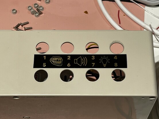 A photo of the side of a plastic enclosure. Eight holes have been drilled into it and in the middle is a gold on black label numbering them 1 to 8. Between the numbers is a “troll face” distorted face wearing meme sunglasses, a speaker icon and a lightbulb icon.