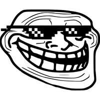 A black on white line art rendering of a distorted, grinning face wearing pixelated sunglasses.