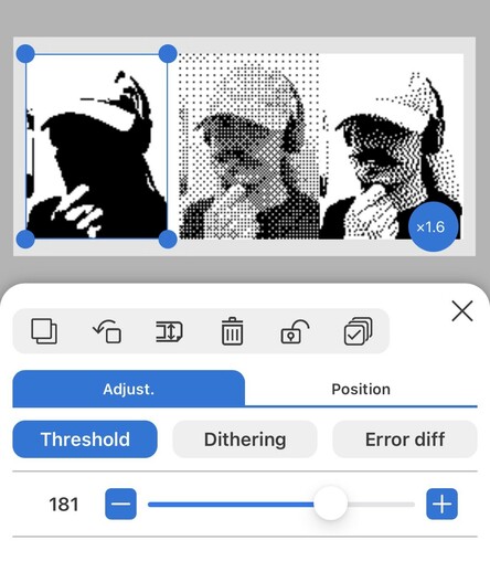 A screenshot of the Epson LabelWorks app showing three black and white renditions of me wearing a cap and headphones. The left-most is a very high contrast silhouette with no face detail at all. The middle is a heavily patterned dither with a somewhat discernible face and the right is a more organic looking dither with better contrast.