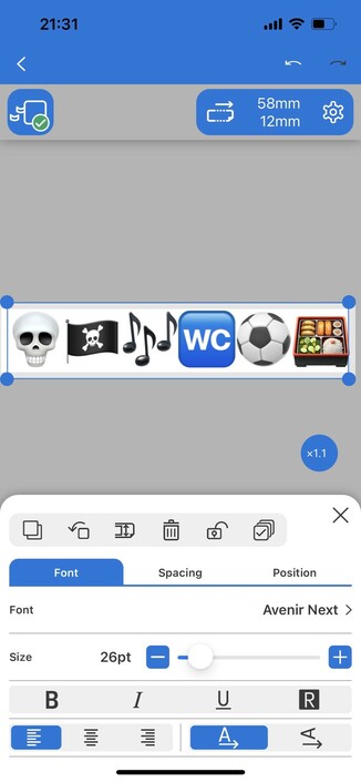 A screenshot of the Epson LabelWorks app showing six colour emoji typed into a text label. They look jarringly out of place, since the label should be just black and white.