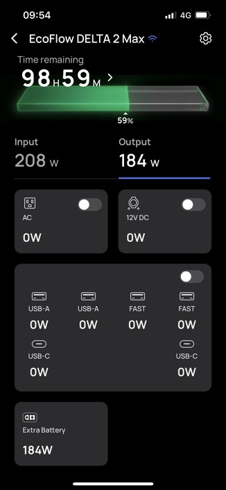 The EcoFlow app showing the DELTA 2 Max Outputs with their switches stubbornly set to off.