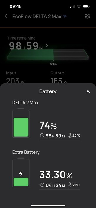 The battery status screen of a DELTA 2 Max with a WAVE 2 battery connected. It shows a separate charge status for each battery. The main screen shows them combined into one.