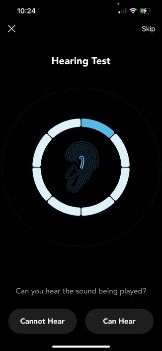A screenshot of the Soundcore app showing an ear styled like a fingerprint with a radial progress dial around the outside. Below are buttons for “Can Hear” and “Cannot Hear”