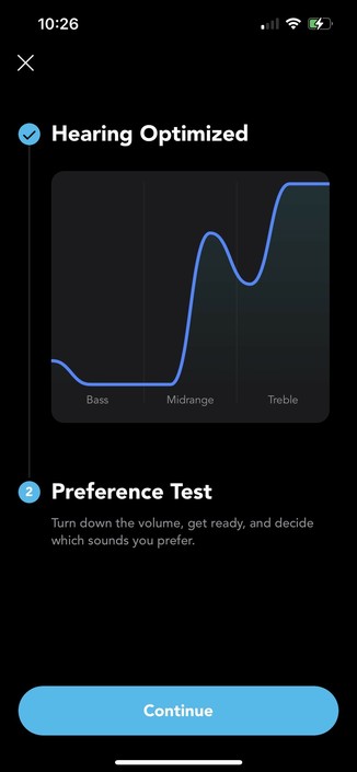 A screenshot of the Soundcore app showing my customised EQ profile. It skews heavily toward amplifying the treble with a peak in the midrange and a little bump in the low bass.